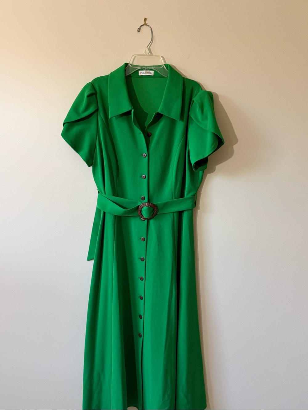Calvin Klein Emerald Green Button-Front Belted Dress